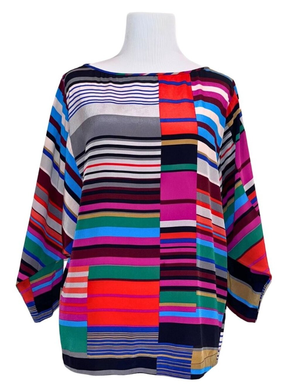 Trina Turk | Pure 100% Silk Colorful Geometric Abstract Dolman Sleeve Blouse Top